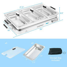 Stainless steel electric warming tray with clear lid and 3 removable insert pans