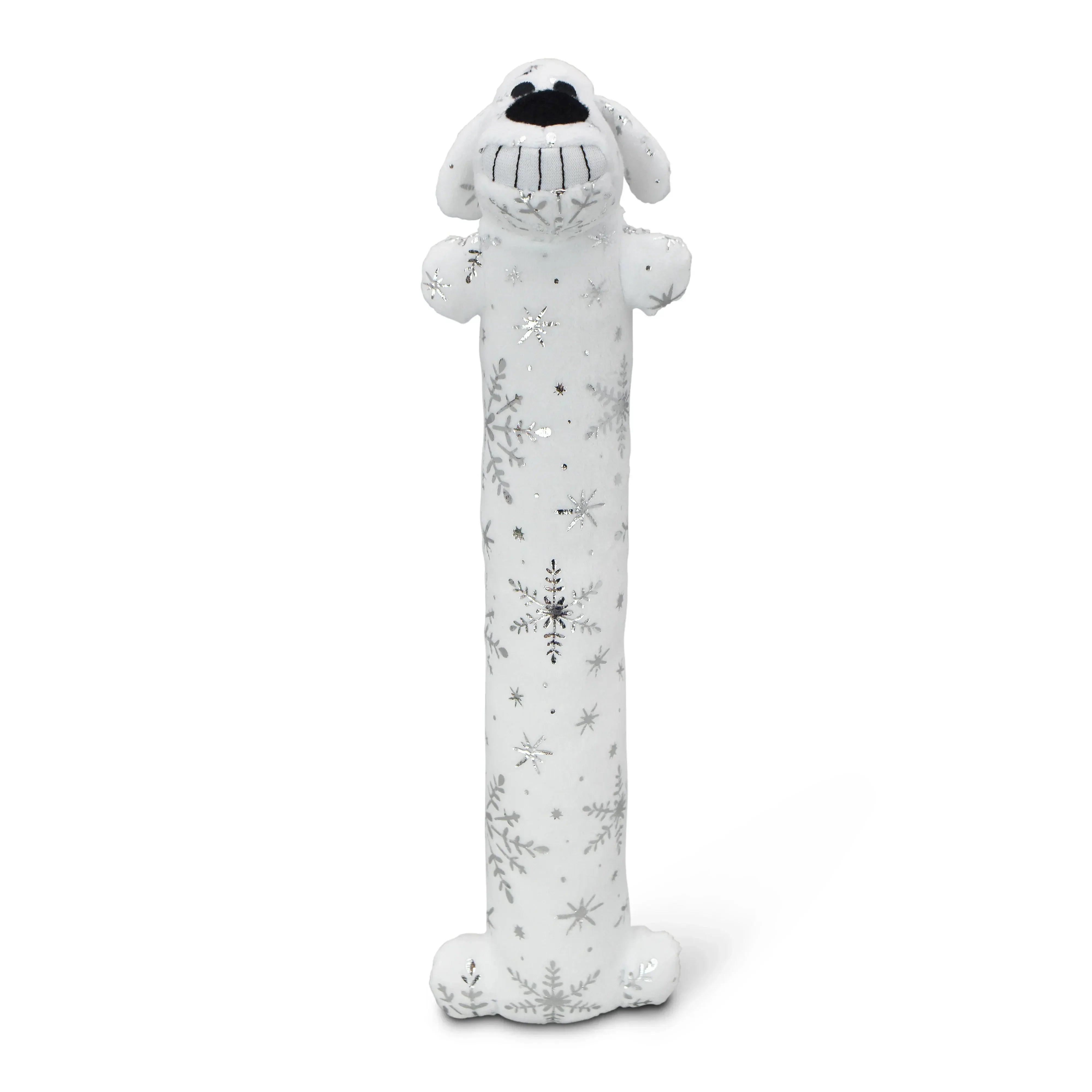 Multipet Plush Holiday Loofa Dog Toy with Sparkly Snowflakes, Stuffing & Squeaker, 3 pack with Red, Green & White, 12" Each