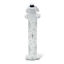Plush dog loofa toy in white with gray snowflake and star patterns