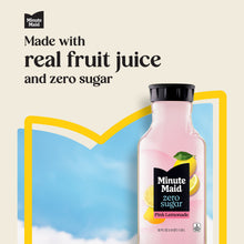 Minute Maid zero sugar pink lemonade bottle with 'real fruit juice and zero sugar' text