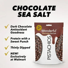 Chocolate Sea Salt pistachios bag with feature checklist and front pouch graphic