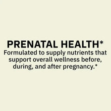 Prenatal health label text: formulated to support wellness before, during, after