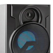 Front speaker with blue LED light visible through the grille