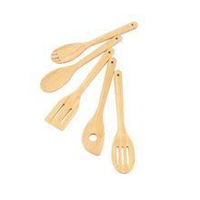 Set of 5 bamboo cooking spoons, including slotted, solid, and circular-hole heads