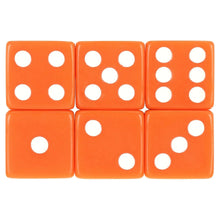 Six orange dice with white pips for a dice-rolling game