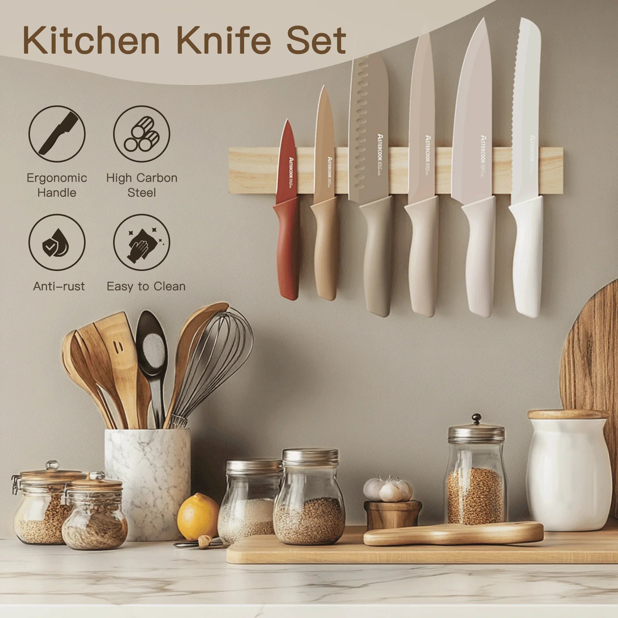 Astercook 7 Pieces Kitchen Knife Set, Knives Set with Anti-Rust Coating, Stainless Steel Chef Knife Sets with 6 Blade Guards Dishwasher Safe