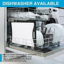 Set of 3 white plastic cutting boards loaded in dishwasher racks