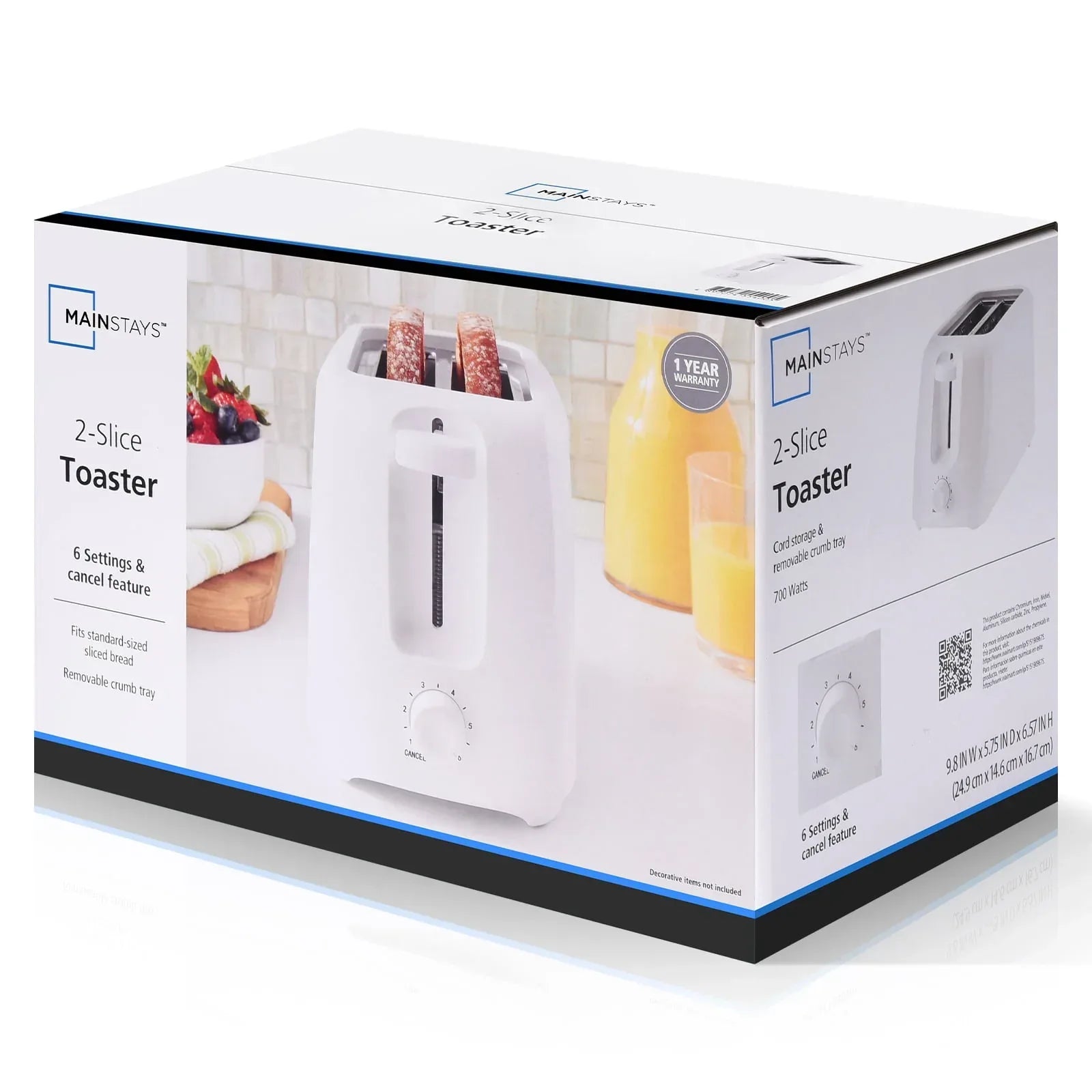 Mainstays 2-Slice Toaster with 6 Shade Settings and Removable Crumb Tray