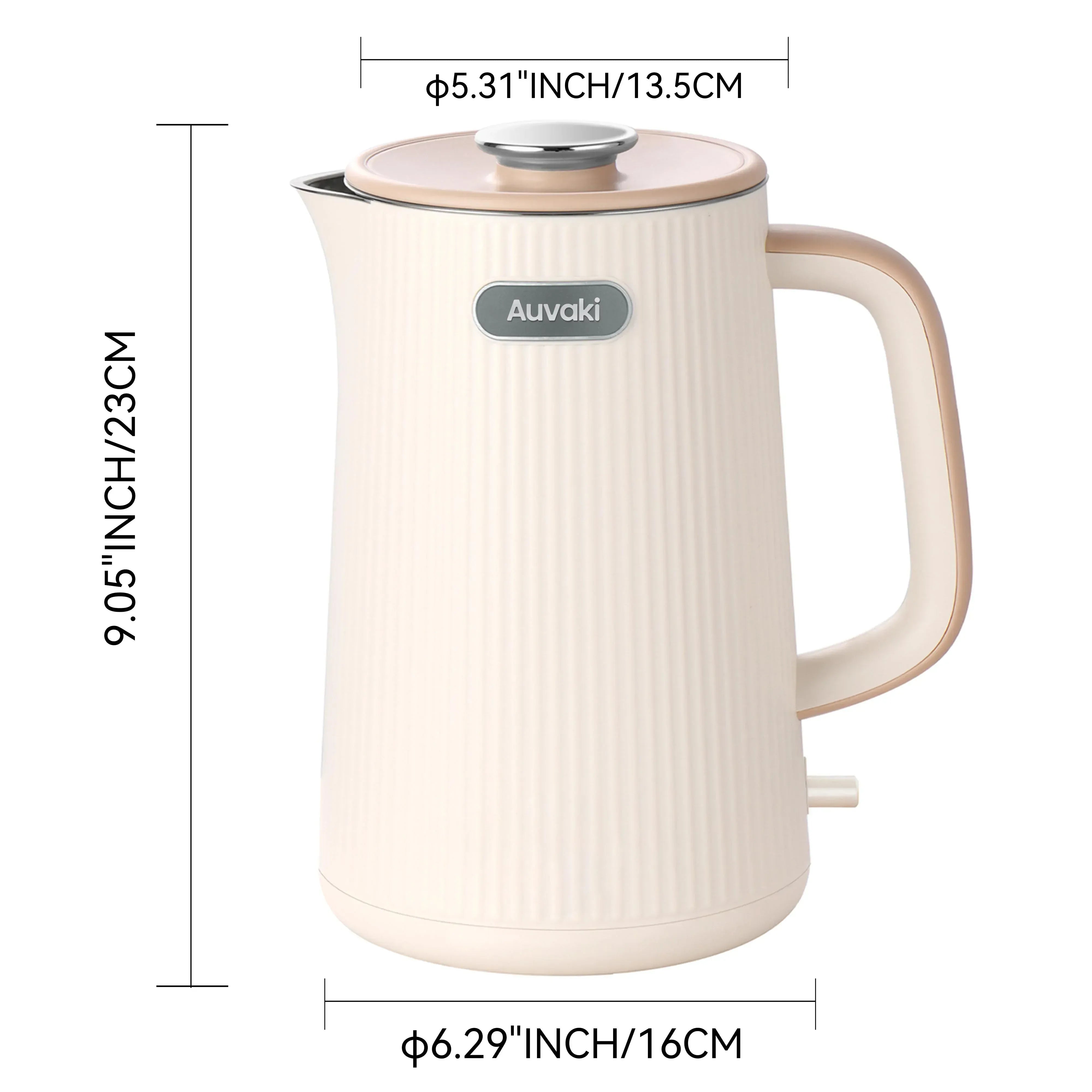 Auvaki 1.7L Electric Kettle, 1200W Stainless Steel Double Wall Water Boiler with Cool-Touch Handle & Auto Shut-off, Cream White