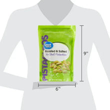 Roasted & salted pistachios resealable bag size shown: 6 in wide, 9 in tall