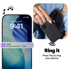 Black Bluetooth tracker attached to keys, held in a hand with press-to-ring icon