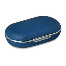 Blue wireless open-ear earphones charging case, closed with metal trim
