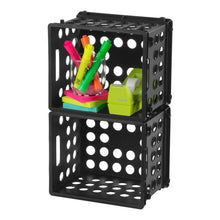 Black plastic stackable storage crate with open top and perforated side walls