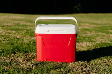 Red Igloo 28 QT ice chest cooler with white lid and carry handle