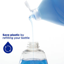 Dish soap bottle pouring into container, save plastic by refilling