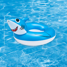 Blue inflatable shark split swim ring, eye and teeth face on white belly