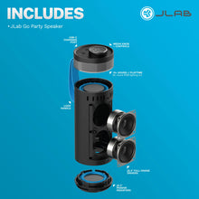 Black portable party speaker showing driver area, loop handle, and RGB top light.