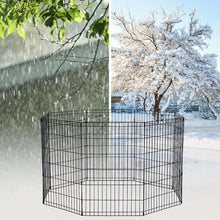 Black metal wire dog playpen enclosure with rounded corners and panel walls