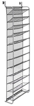 Over-the-door shoe rack with gray mesh shoe panels and metal frame, angled view.