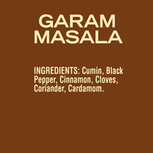 Garam masala label listing ingredients: cumin, black pepper, cinnamon, cloves, coriander
