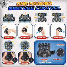 RC stunt car shown in one-handed gesture control steps with blue LED front lights