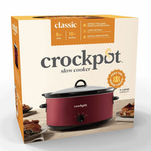 Slow cooker retail box featuring a maroon oval cooker with black lid and front dial