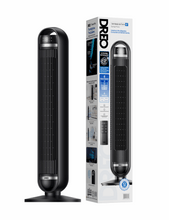 Black bladeless tower fan beside retail package box