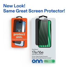 iPhone privacy glass screen protector package with onn branding and screen protector card