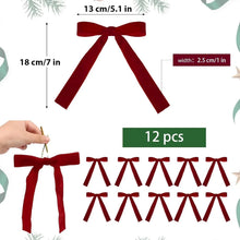 Red velvet Christmas bows set, showing one bow with long tails and 12-piece layout.