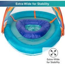 Blue baby pool float with extra-wide ring and striped canopy, cushioned center