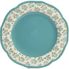 Dinner plate with teal solid center, cream floral ring, and teal scalloped rim