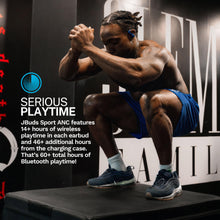 Cobalt blue true wireless earbuds worn during workout