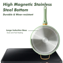 Green nonstick frying pan with perforated base on induction cooktop