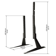 Black metal TV stand legs with vertical mounting holes, tabletop support base.