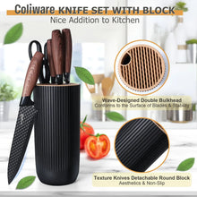Kitchen knife set with black ribbed block and dark wood handles, block surface close-up inset
