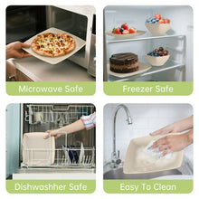 Beige wheat straw dinnerware set shown for microwave, freezer, and dishwash-safe use