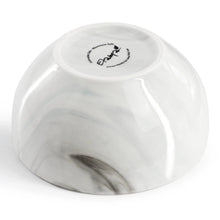 Porcelain bowl with brand stamp on base and gray-blue marble-style markings