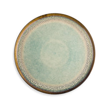 Ceramic dinner plate with seafoam reactive glaze and speckled edge