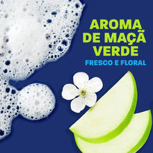 Soap scent graphic with white blossoms, green fruit slices, and foamy bubbles
