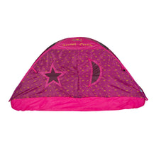 Twin bed tent with purple star fabric, “Secret Castle” text on roof, and pink bottom