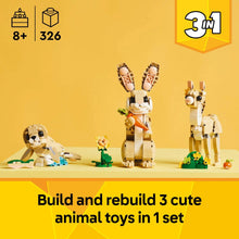 LEGO Creator 3-in-1 animal models: bunny, seal, and llama standing with accessories