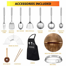Wok set accessories: spatulas, ladles, fork, apron, chopsticks, and wok ring