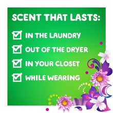 Detergent promo panel listing scent lasts in laundry, dryer, closet, and while wearing