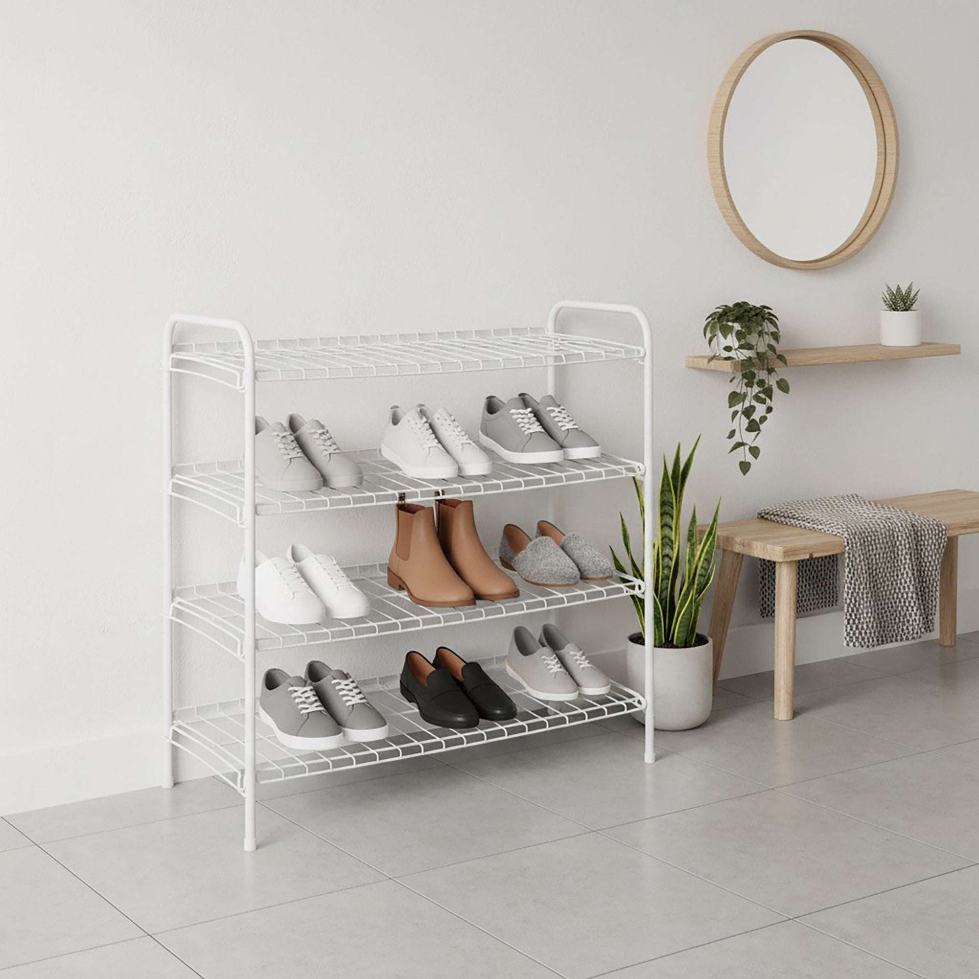 Mainstays Steel Wire Shoe Organizer, 4-Tiers, 12 Shoe Pair Capacity, Durable Shoe Rack, White