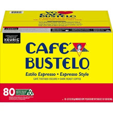 Cafè Bustelo dark roast K-cup box, 80 count, yellow and red packaging