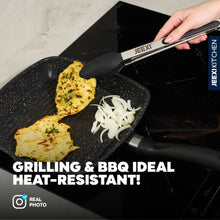 Kitchen tongs with silicone tips gripping food on a griddle pan