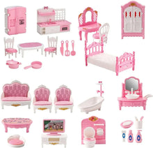 Pink miniature dollhouse furniture set with beds, sofa, table, and kitchen items.