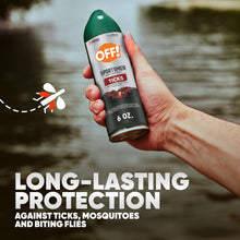 Green insect repellent aerosol can in hand with OFF! Sportsmen tick label