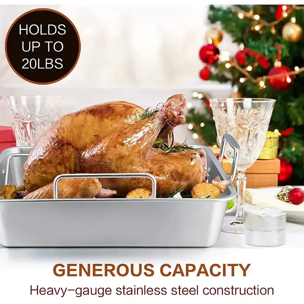 VeSteel 16'' x 11.5'' Roasting Pan with Rack, Stainless Steel Turkey Roaster Include Deep Lasagna Pan & V-Shaped Rack & Roasting Rack, Heavy Duty & Dishwasher Safe - USA MEGA SHOP