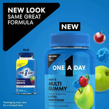 One A Day Men’s Multi gummy bottle with blue cap and apple-cherry-green fruit graphics